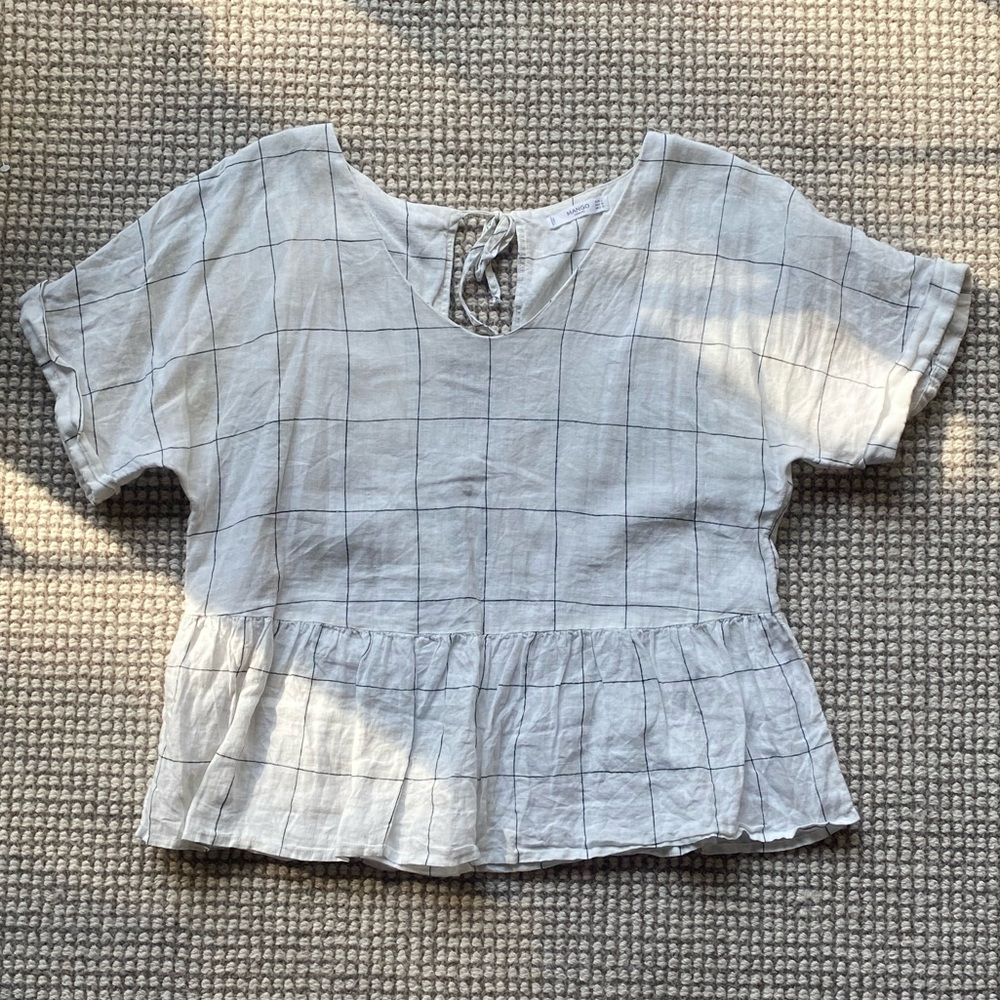V-neck Checked Blouse with Open Tie Back